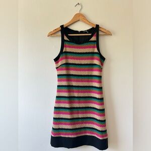Knit, taupe, black, fuchsia, and green stripe tank, mini dress, back zip closure